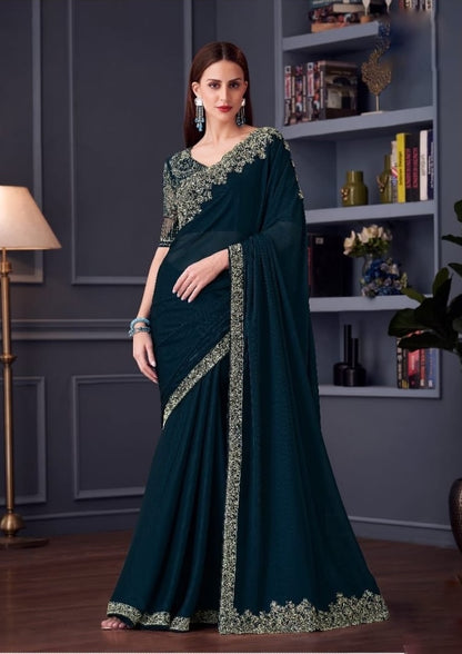 Dark Teal Cocktail Ready To Wear/Easy Saree by StylebyPanaash