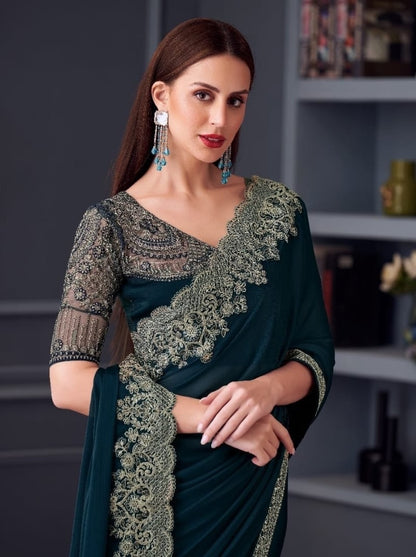 Dark Teal Cocktail Ready To Wear/Easy Saree by StylebyPanaash