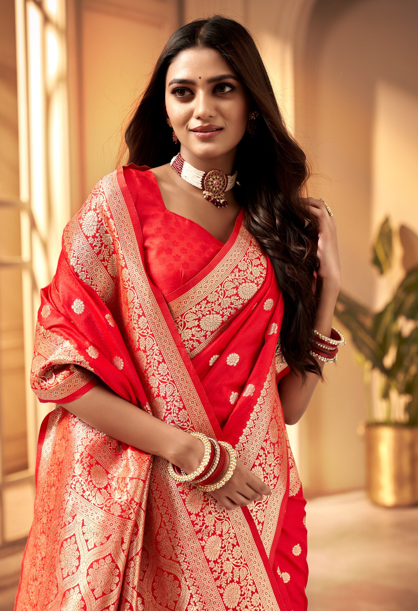 Red Banarasi Silk Readymade/Easy Saree