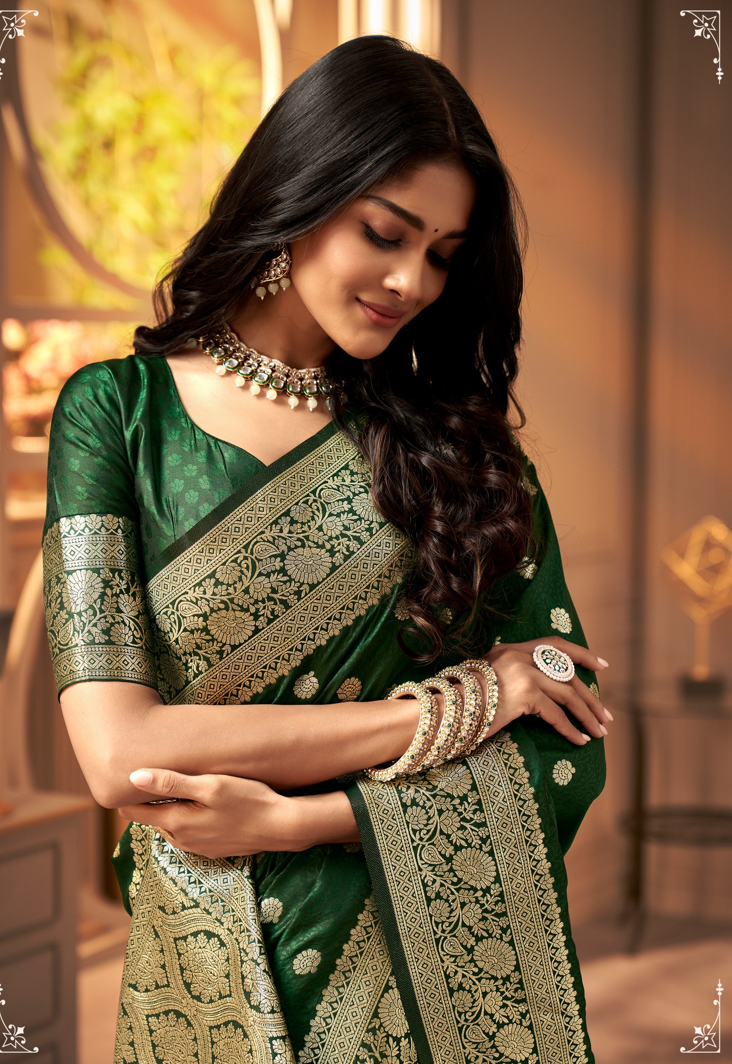 Green Banarasi Silk Readymade/Easy Saree