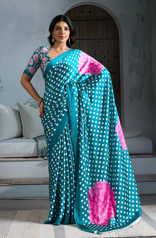 Turquoise Crepe Silk Readymade/Easy Saree