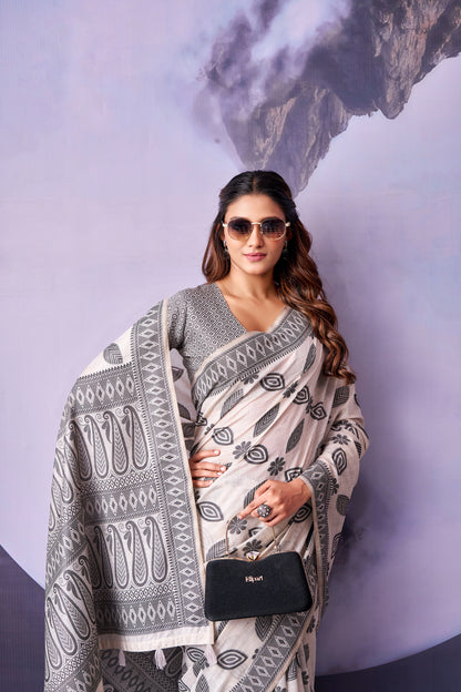 Grey & White Petal Print Cotton Ready To Wear/Easy Saree by Stylebypanaash 