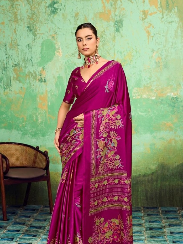 Magenta Modal Silk Ready To Wear/Easy Saree by StyleByPanaash