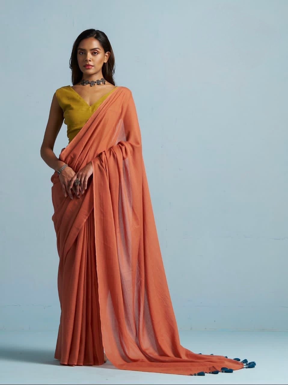 Dark Peach Mul Cotton Casual Ready To Wear/Easy Saree