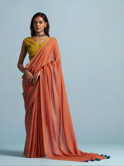 Dark Peach Mul Cotton Casual Ready To Wear/Easy Saree
