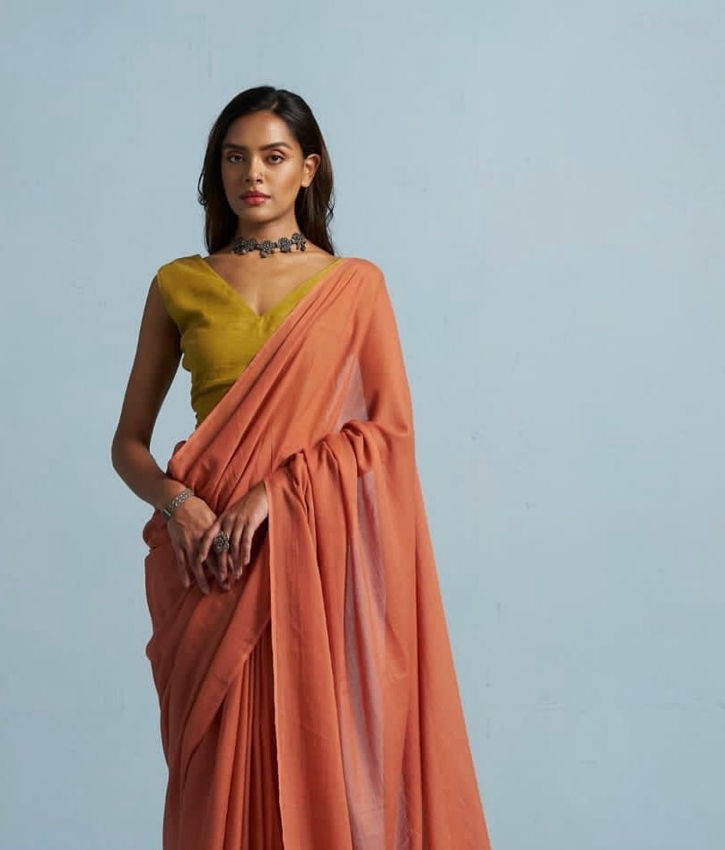 Dark Peach Mul Cotton Casual Ready To Wear/Easy Saree