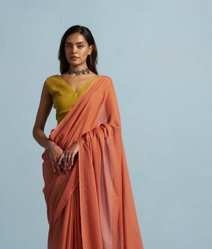 Dark Peach Mul Cotton Casual Ready To Wear/Easy Saree