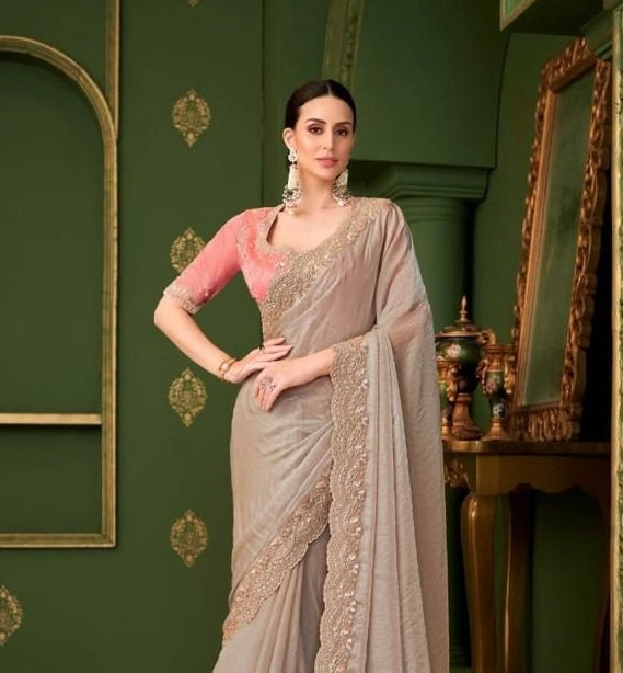 Taupe Cocktail Ready To Wear/Easy Saree - Panaash Saree
