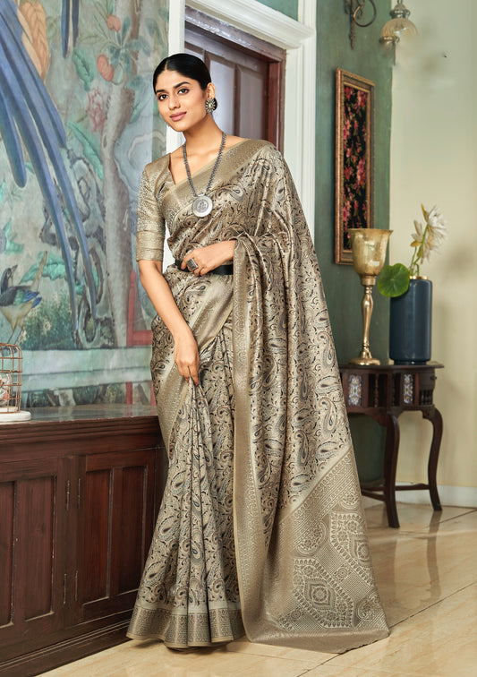 Grey Printed Soft Silk Readymade/Easy Saree