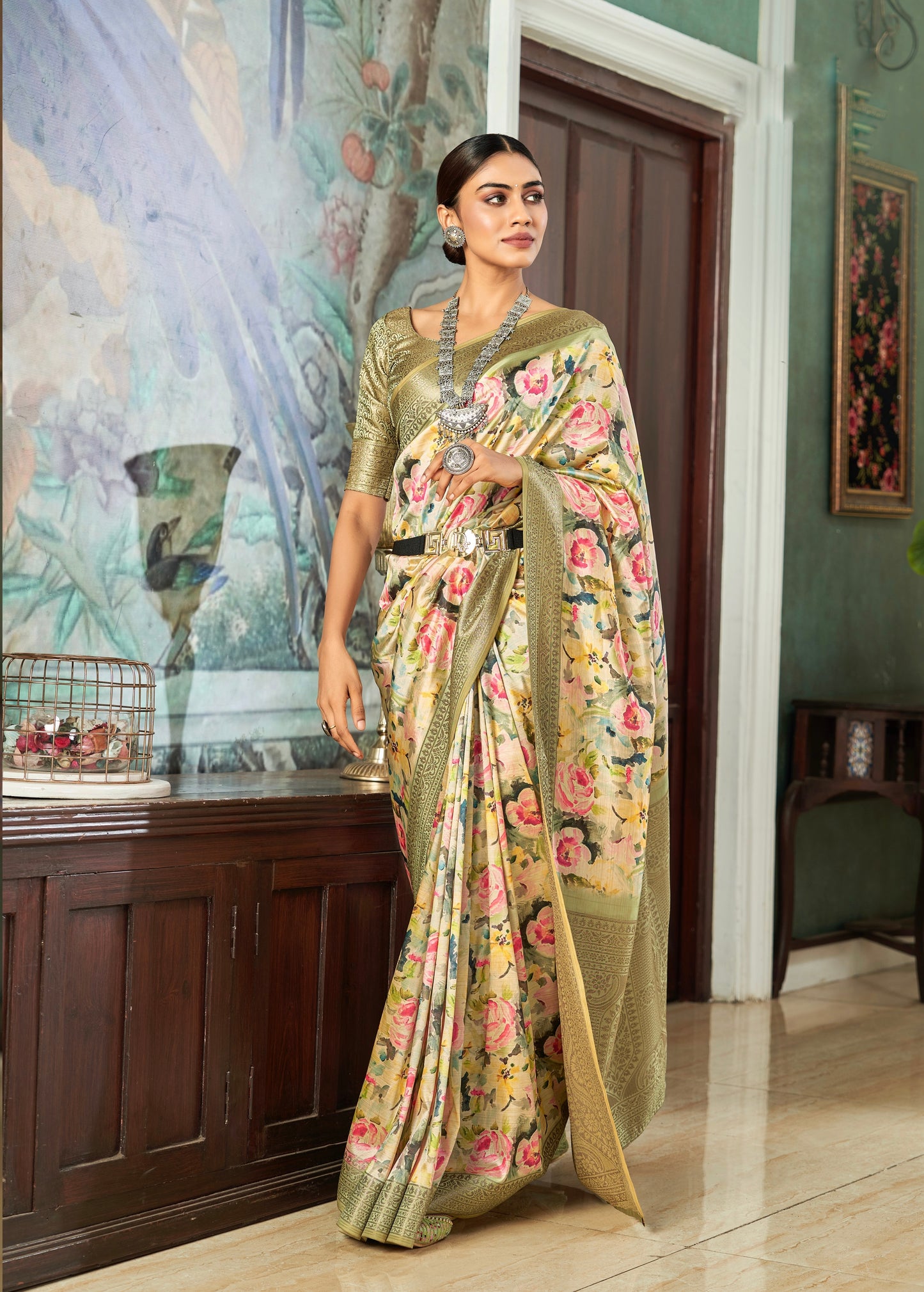 Multicolor Printed Soft Silk Readymade/Easy Saree