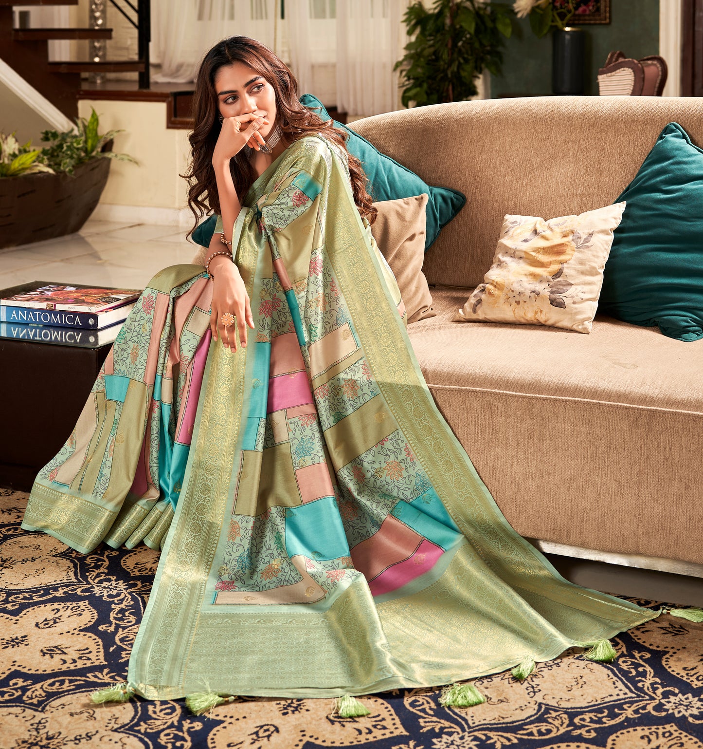 Green Printed Soft Silk Readymade/Easy Saree