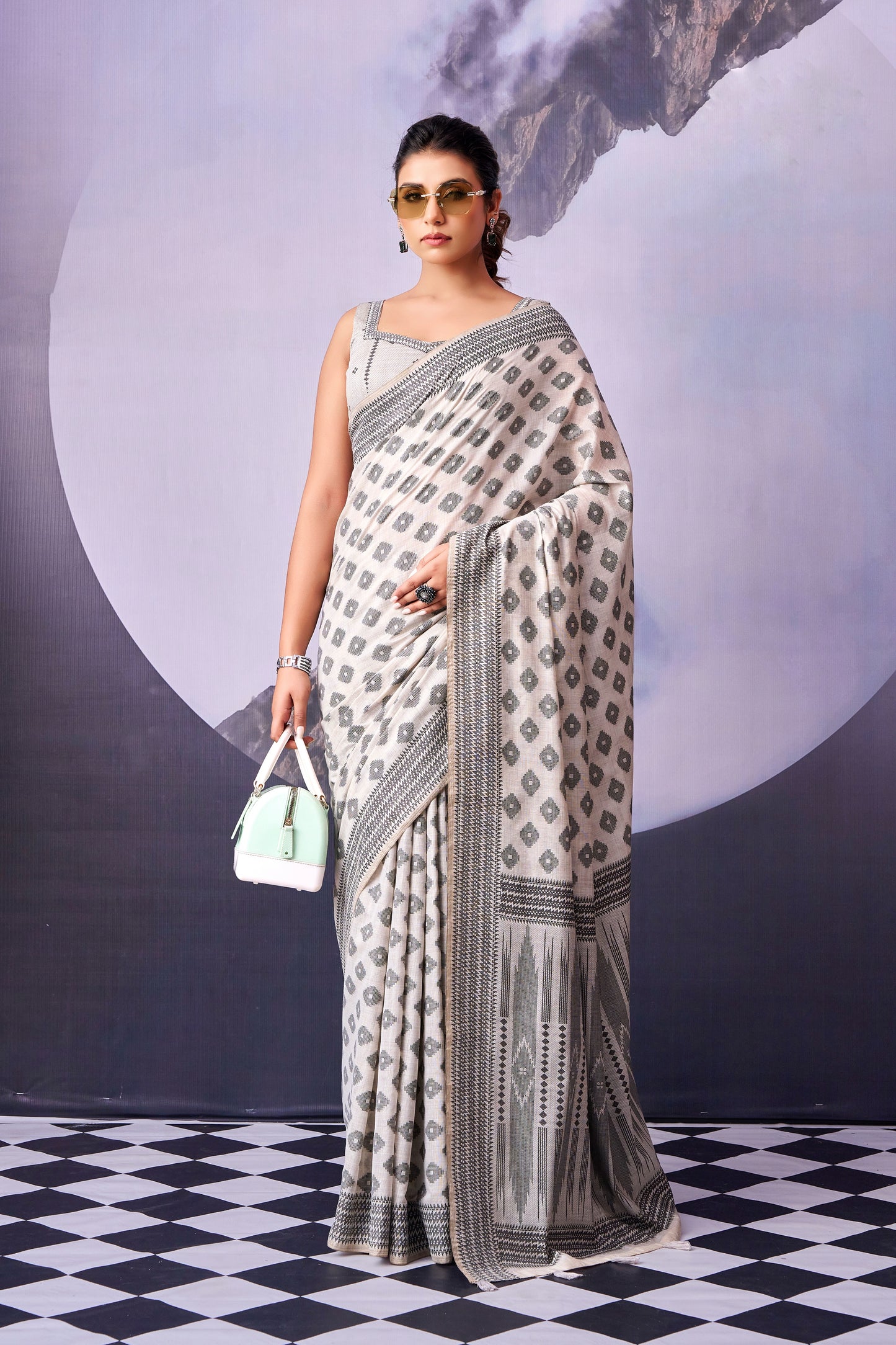 Grey & White Diamond Cotton Ready To Wear/Easy Saree by Stylebypanaash 