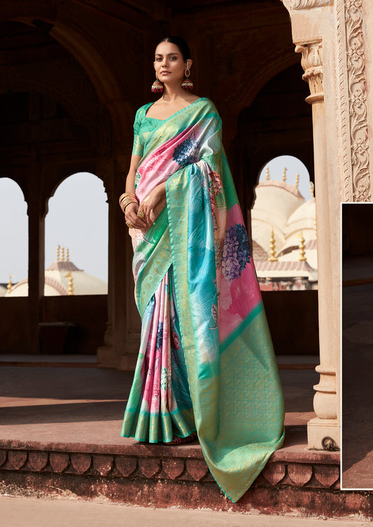 Multicolor Printed Soft Silk Readymade/Easy Saree