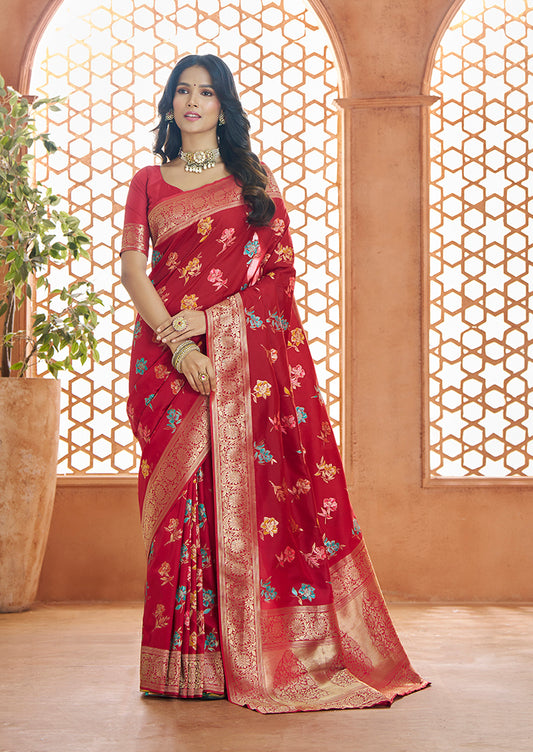 Red Color Banarasi Silk Readymade/Easy Fancy Saree