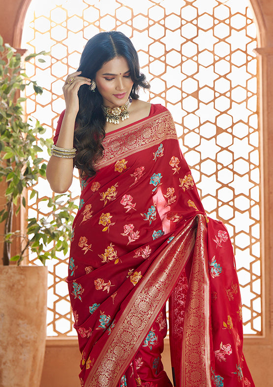 Red Color Banarasi Silk Readymade/Easy Fancy Saree