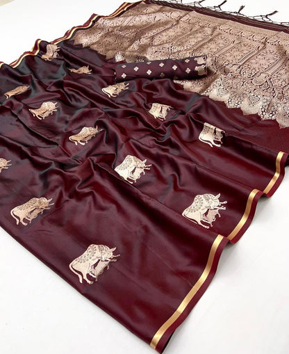 Dark Wine Satin Silk Readymade/Easy Saree - Panaash Saree