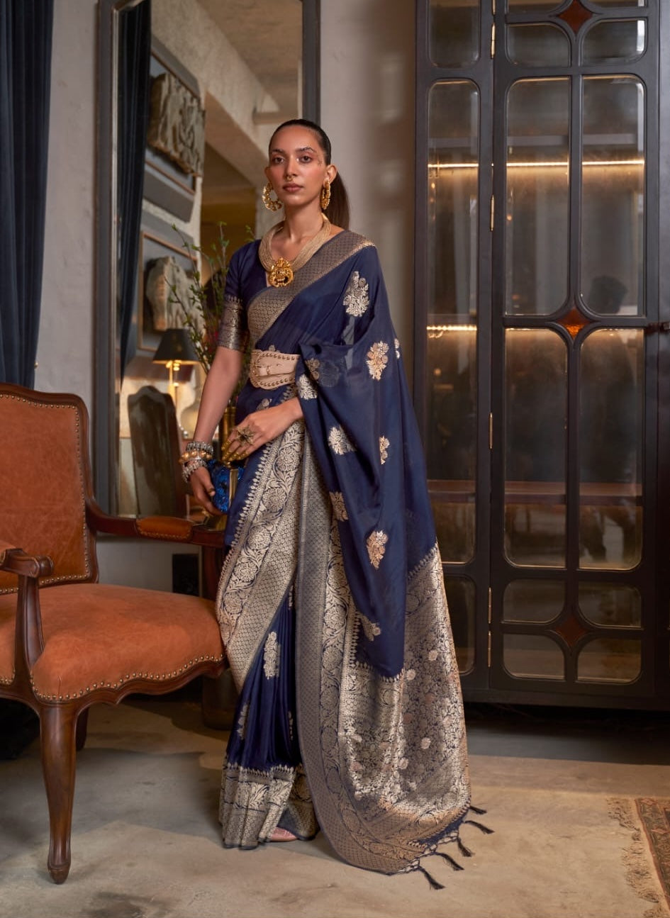 Navy Blue Khadi Georgette Readymade/Easy Saree