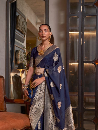 Navy Blue Khadi Georgette Readymade/Easy Saree