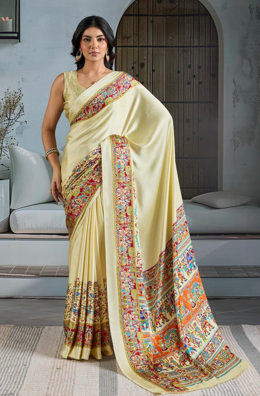 Off-White Crepe Silk Readymade Saree