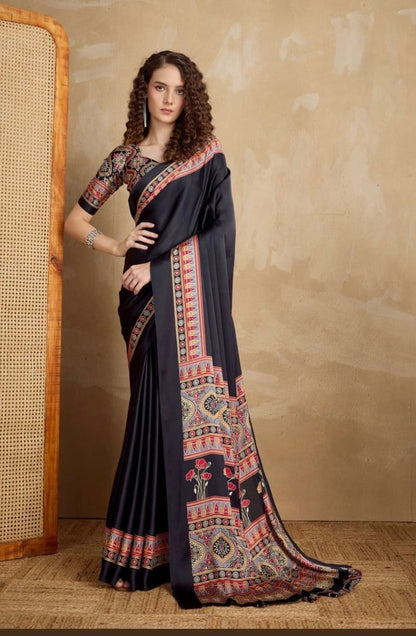 Plain Black Readymade Ajrakh Saree