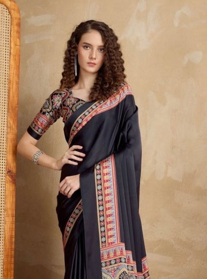 Plain Black Readymade Ajrakh Saree