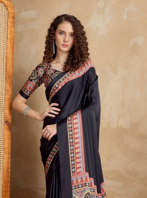 Plain Black Readymade Ajrakh Saree