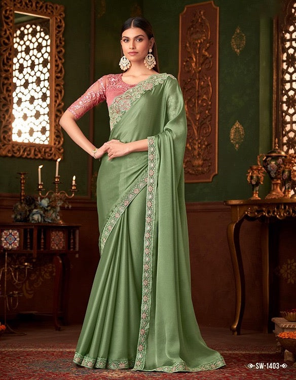 Green Color Cocktail Readymade Saree