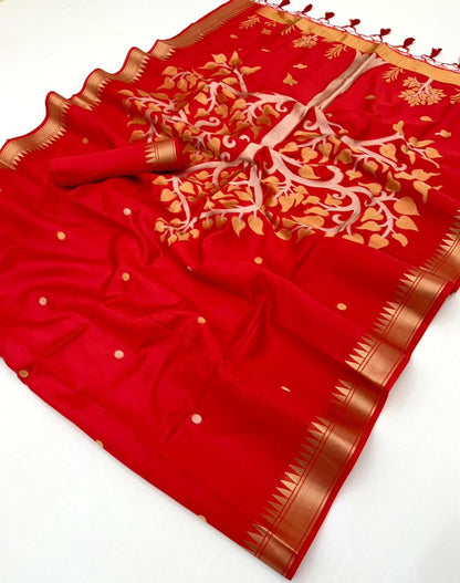 Red Kataan Silk Readymade/Easy Saree - Panaash Saree