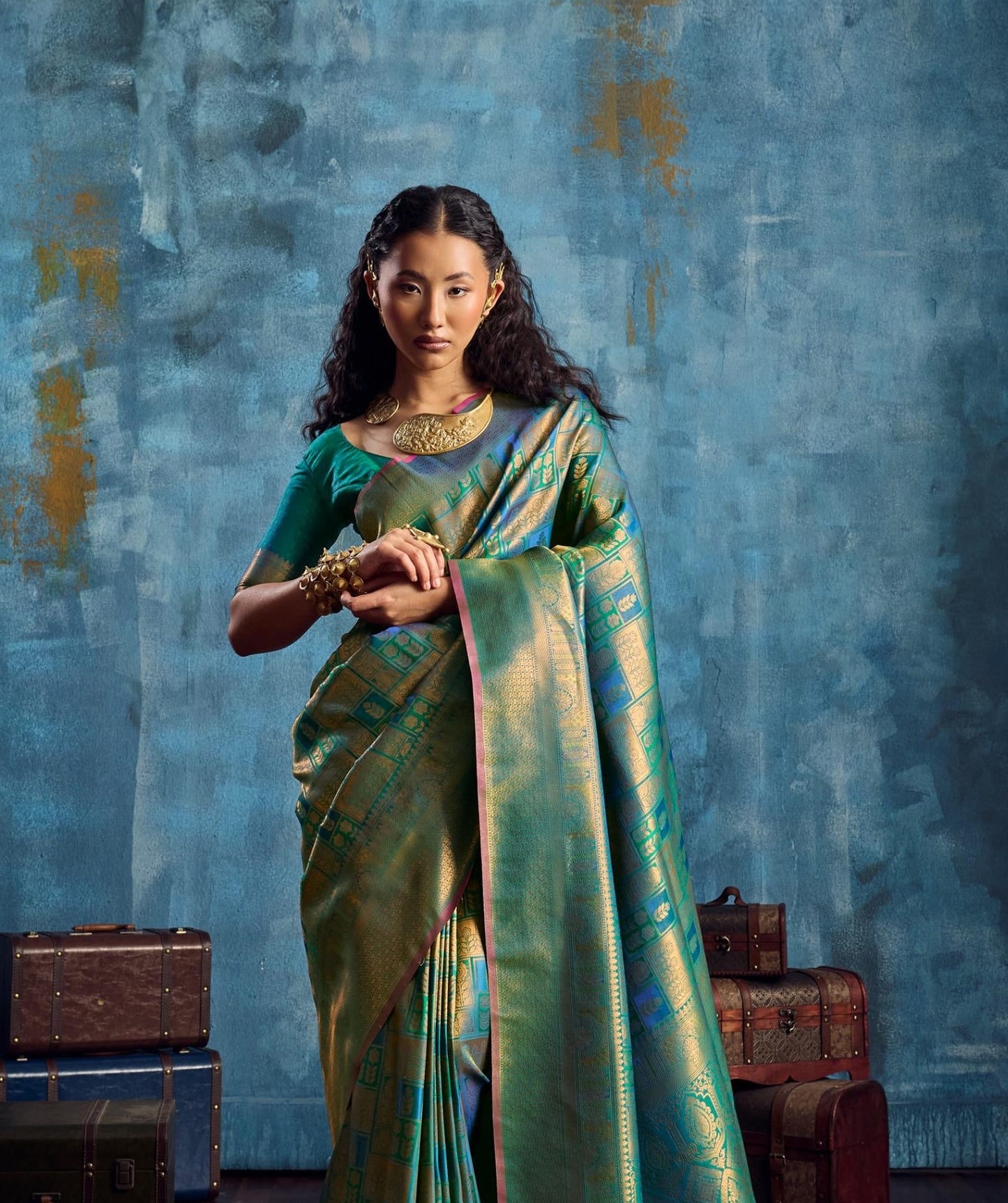 Leaf Green Kanjivaram Silk Ready to wear/Easy Saree - Panaash Saree