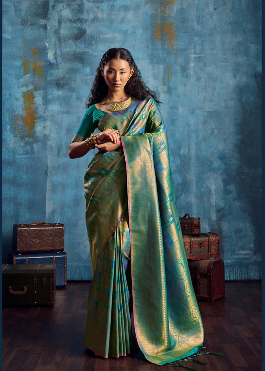 Leaf Green Kanjivaram Silk Ready to wear/Easy Saree - Panaash Saree
