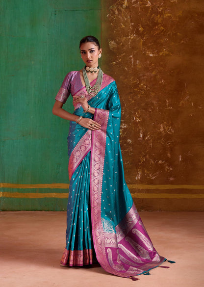 Teal Blue Satin Silk Readymade/Easy Saree - Panaash Saree