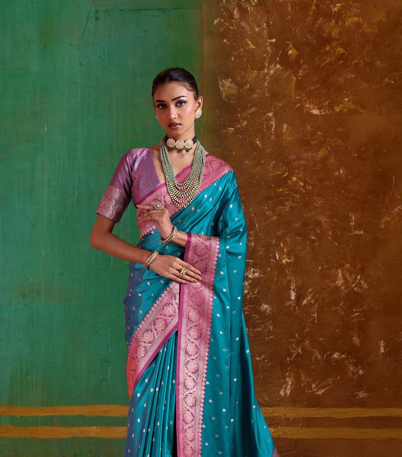 Teal Blue Satin Silk Readymade/Easy Saree - Panaash Saree