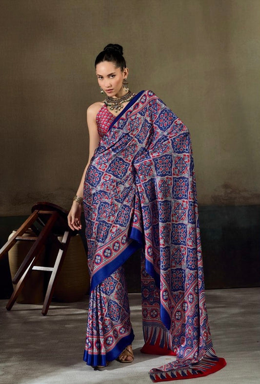 Blue ready-to-wear saree with red geometric print, pallu drape and wide border
