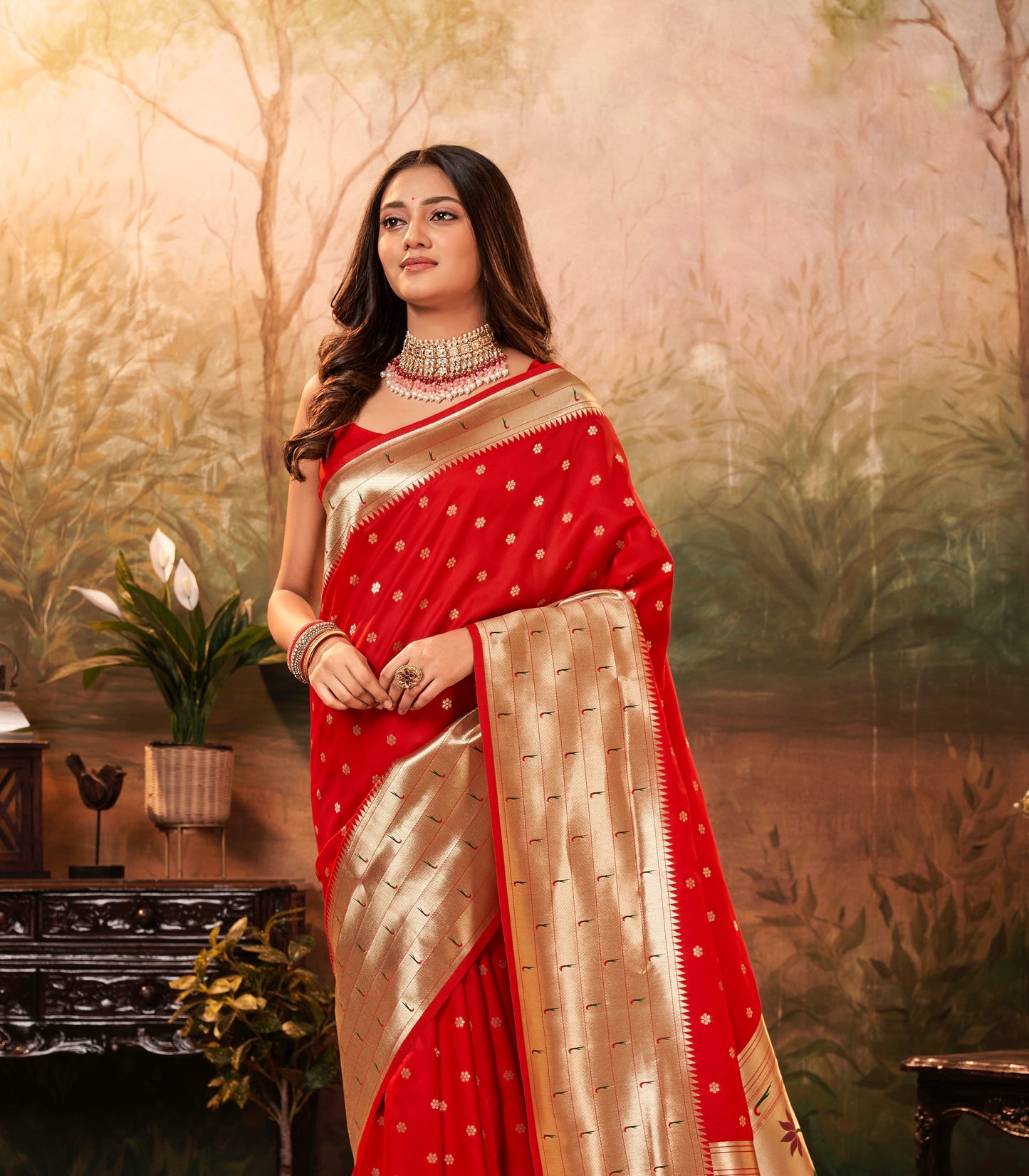 Ruby Red Paithani Silk Readymade/Easy Saree