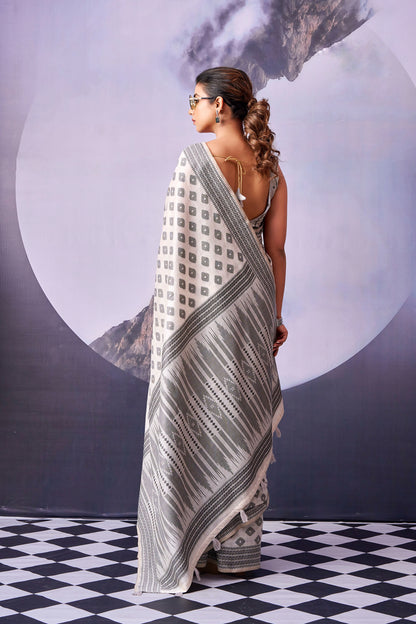 Grey & White Diamond Cotton Ready To Wear/Easy Saree by Stylebypanaash 