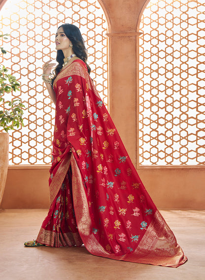 Red Color Banarasi Silk Readymade/Easy Fancy Saree