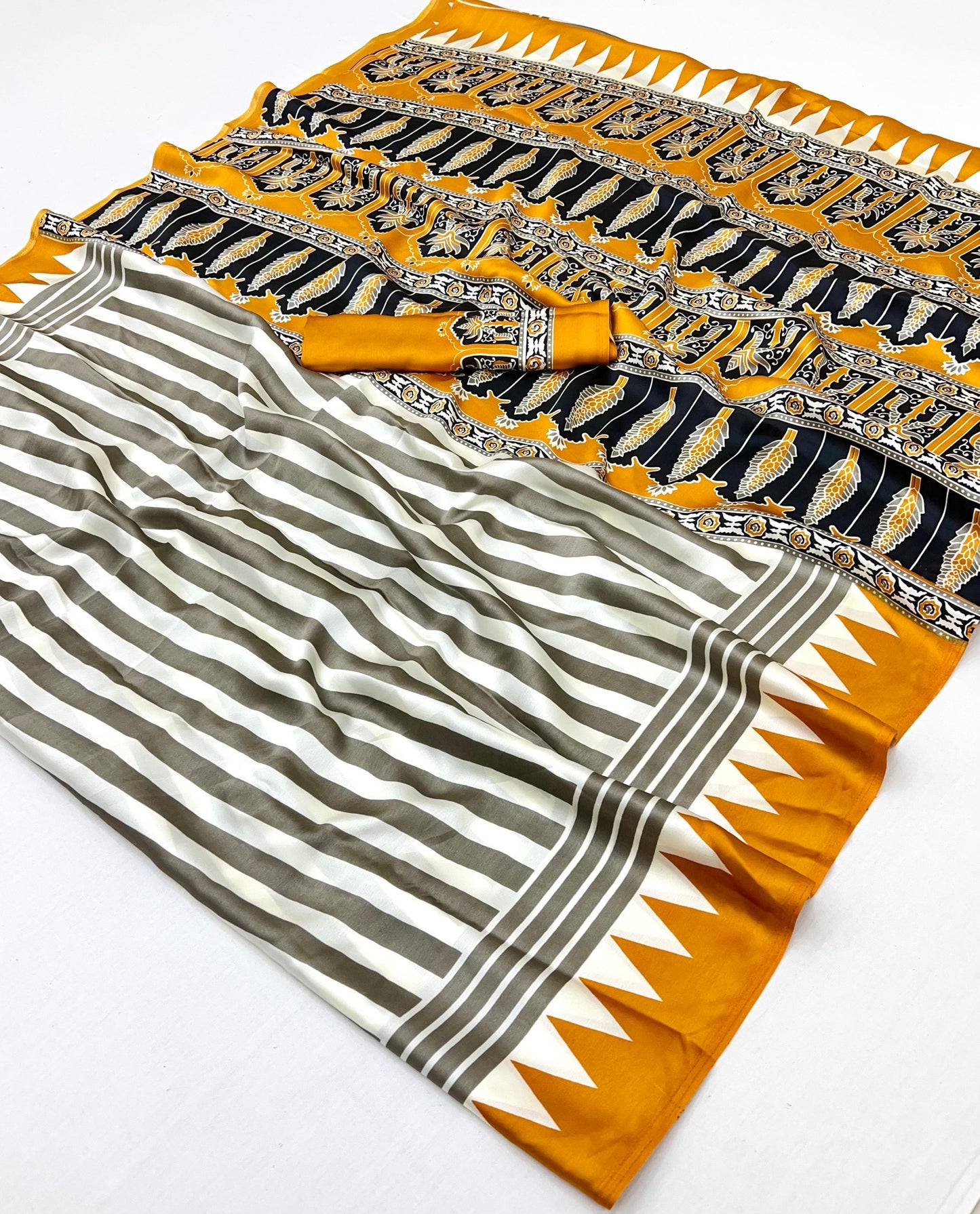 Mustard Stripe Crepe Silk Readymade/Easy Saree