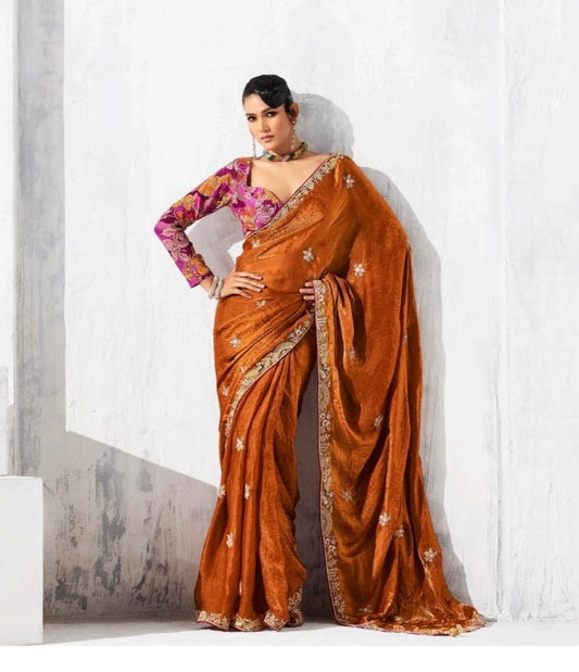 Rust Color Tissue Silk Readymade/Easy Saree