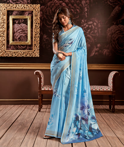 Blue Printed Silk Readymade/Easy Saree