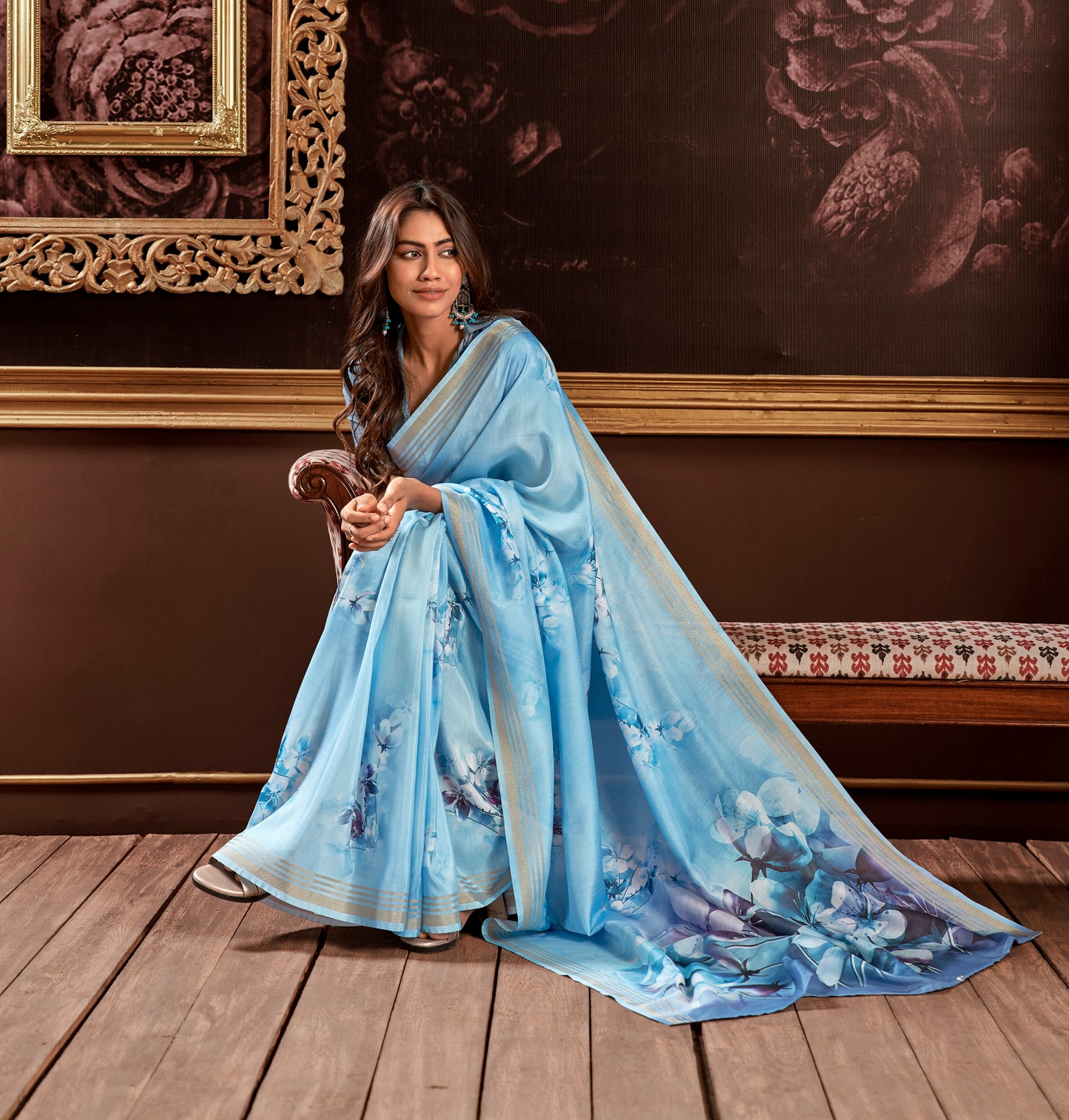 Blue Printed Silk Readymade/Easy Saree