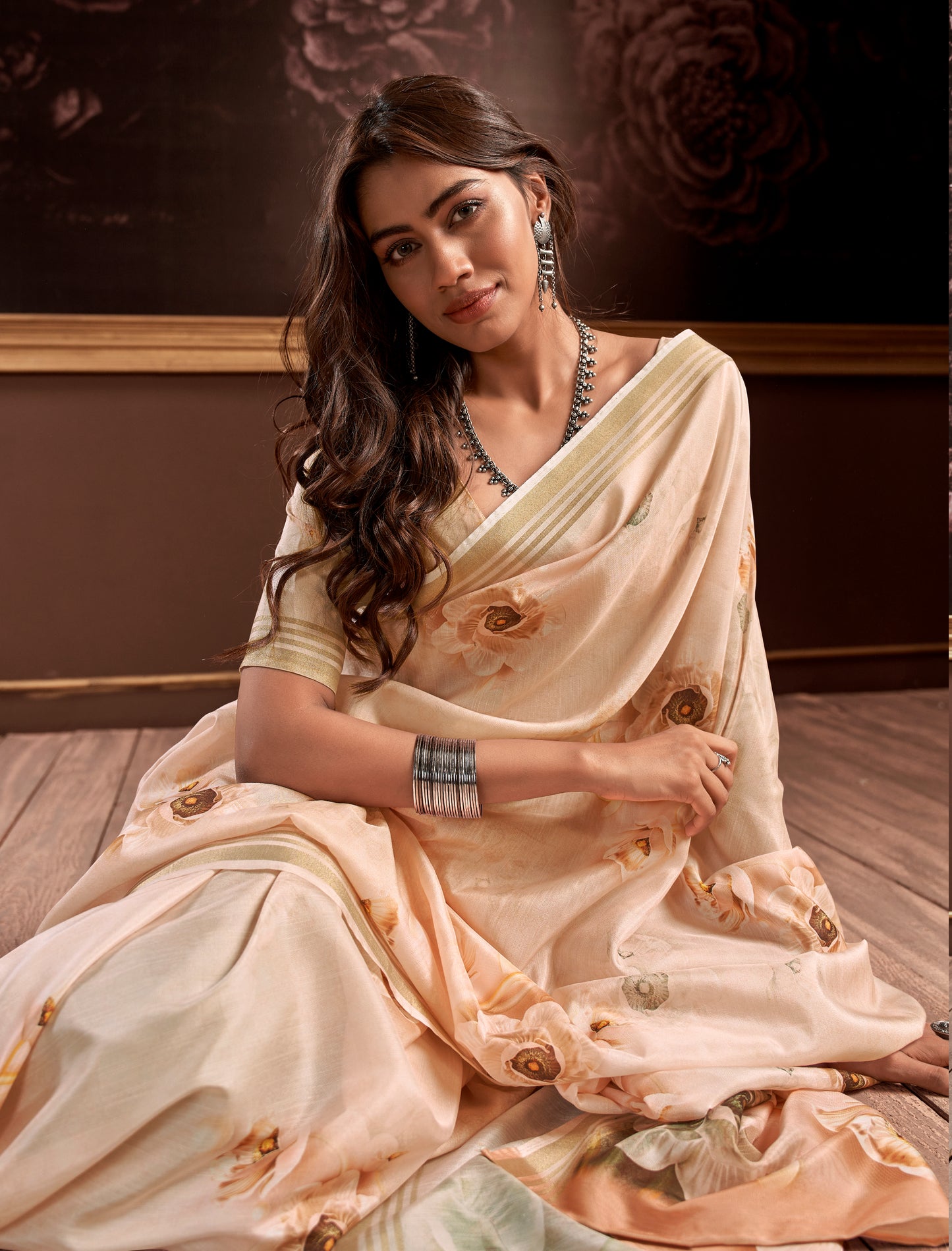 Beige Printed Silk Readymade/Easy Saree