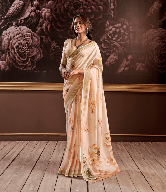 Beige Printed Silk Readymade/Easy Saree