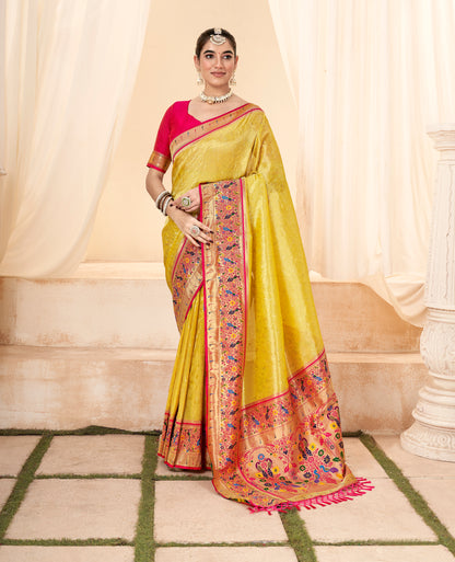 Yellow Paithani Tissue Silk Readymade/Easy Saree