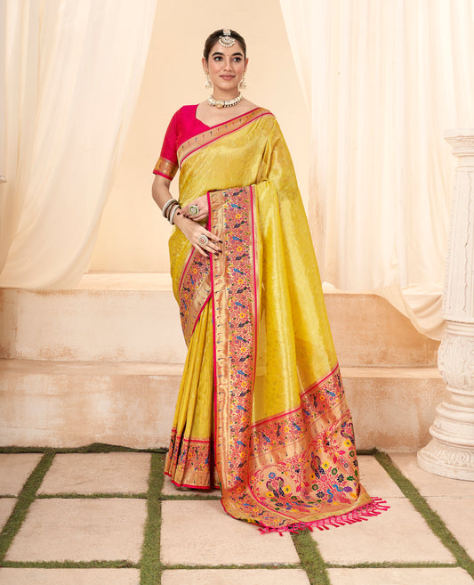 Yellow Paithani Tissue Silk Readymade/Easy Saree