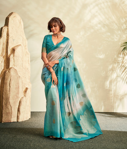 Turquoise Blue Printed Linen Ready To Wear/Easy Saree by Stylebypanaash