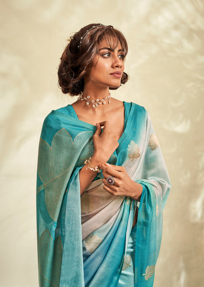 Turquoise Blue Printed Linen Ready To Wear/Easy Saree by Stylebypanaash