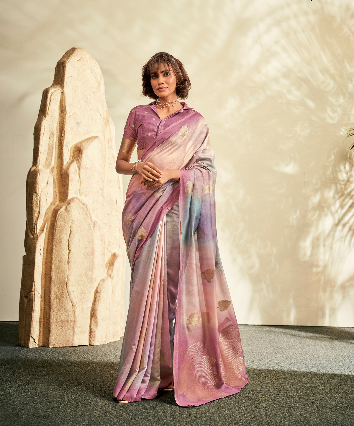 Mauve Pink Printed Linen Ready To Wear/Easy Saree by Stylebypanaash