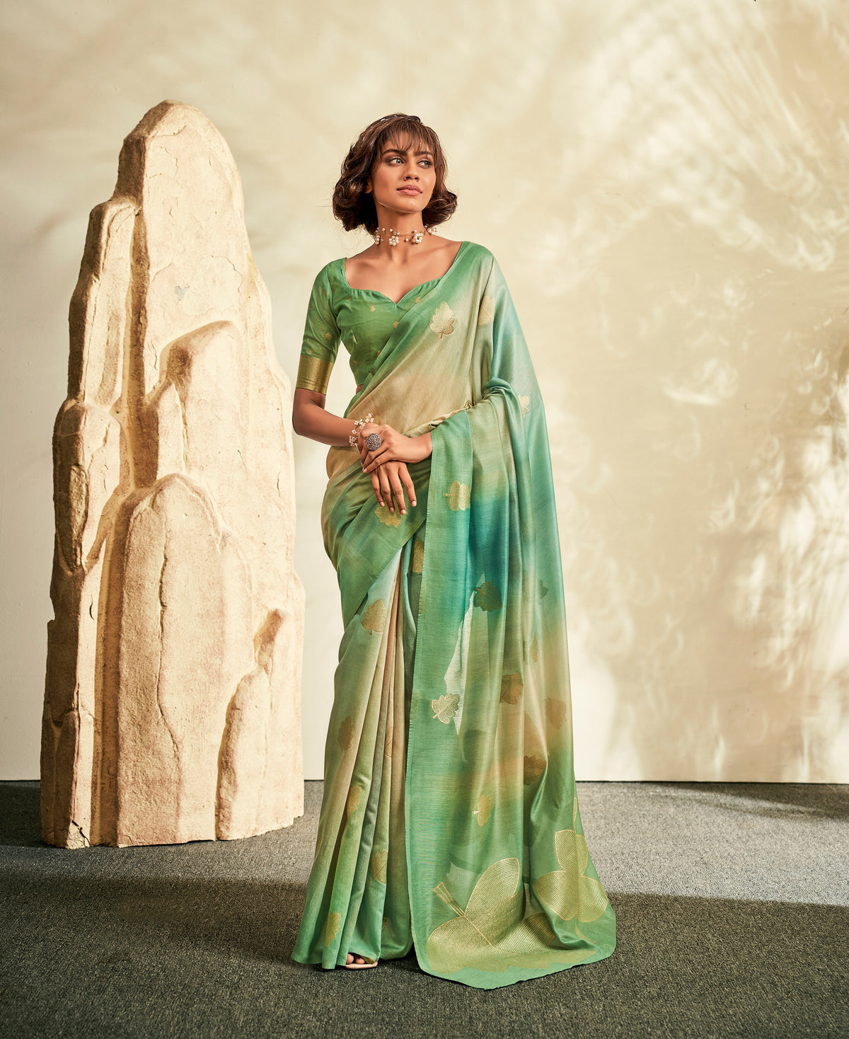 Green Printed Linen Ready To Wear/Easy Saree by Stylebypanaash