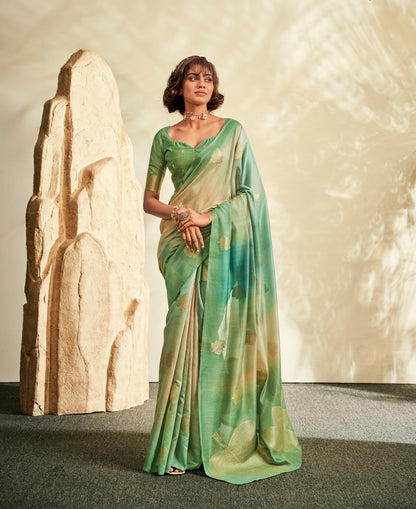 Green Printed Linen Ready To Wear/Easy Saree by Stylebypanaash