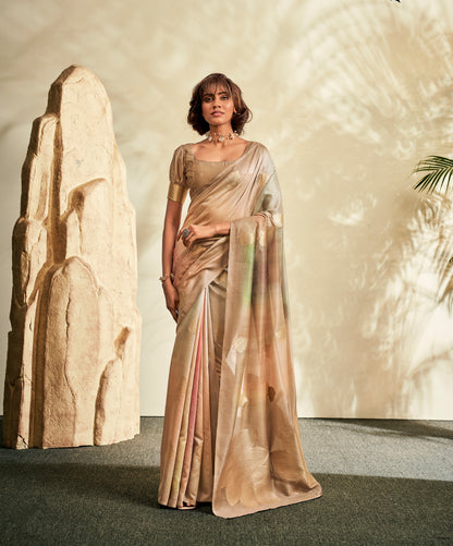 Champagne Gold Printed Linen Ready To Wear/Easy Saree by Stylebypanaash